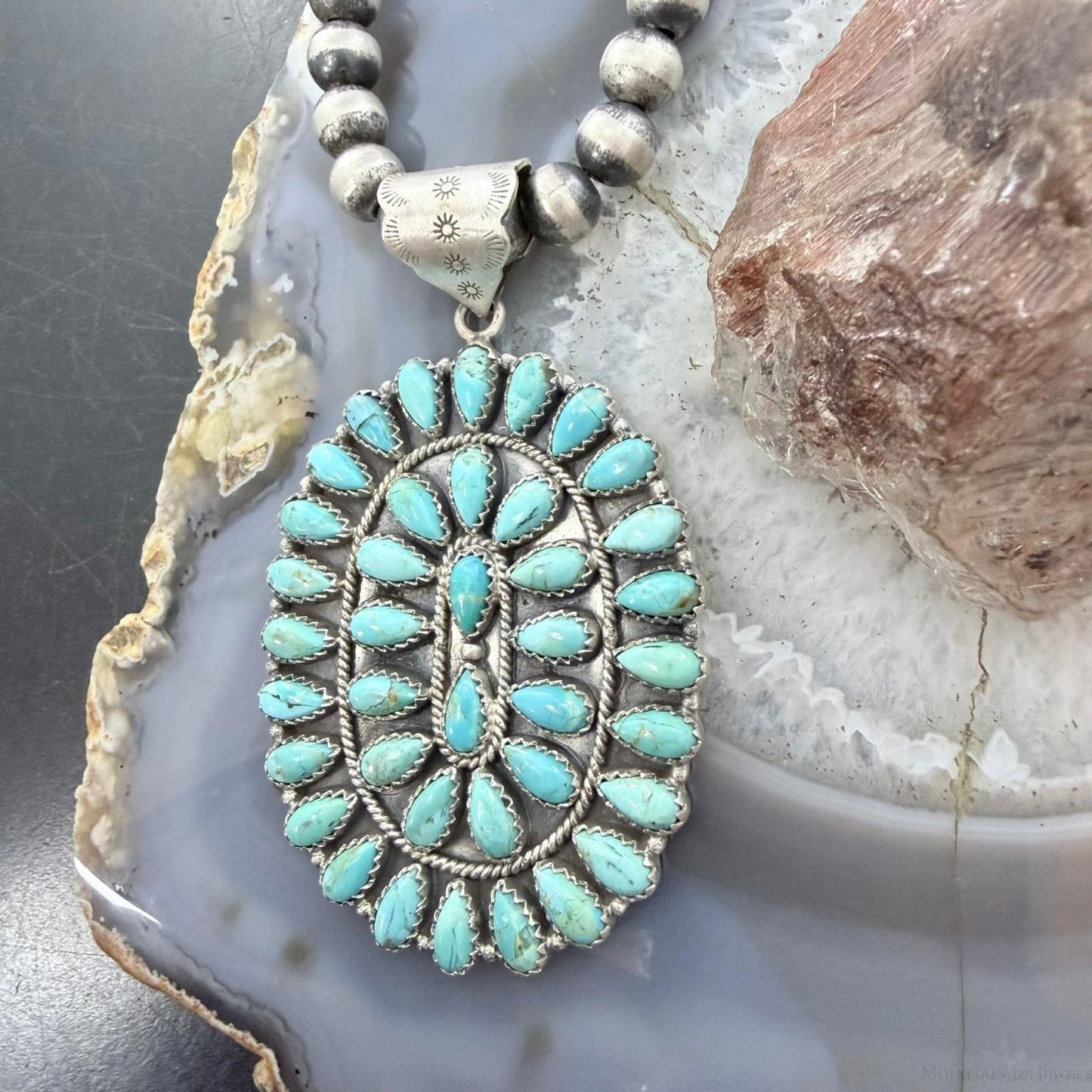Sterling Silver Southwestern Style Turquoise Decorated Large Cluster Pendant For Women