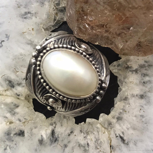 Vintage Signed Sterling Indonesian Oval Mabe Pearl Shield Ring Size 6 For Women