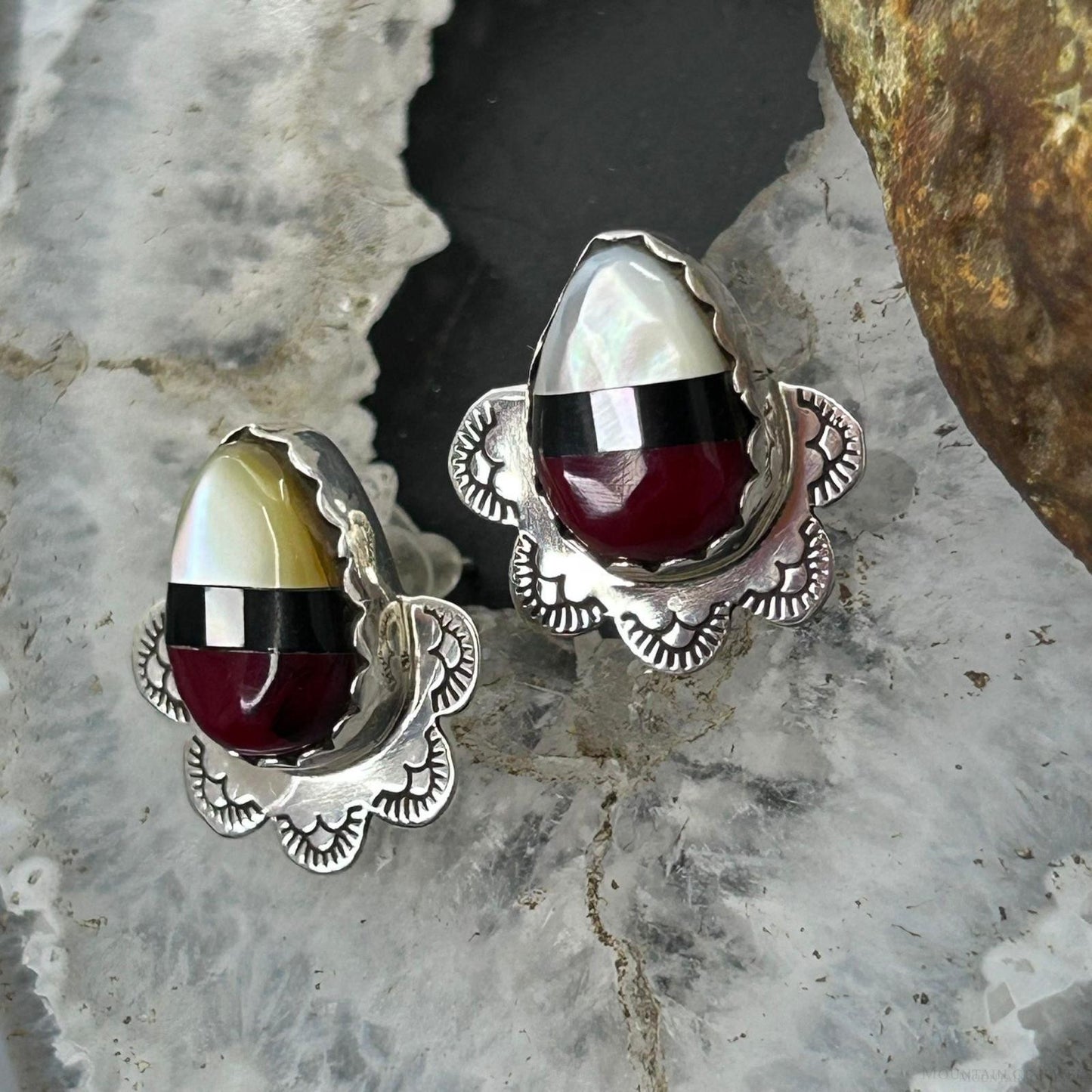 Clifton Aguilar Sterling Silver Teardrop Multistone Inlay Stud Earrings For Women #1