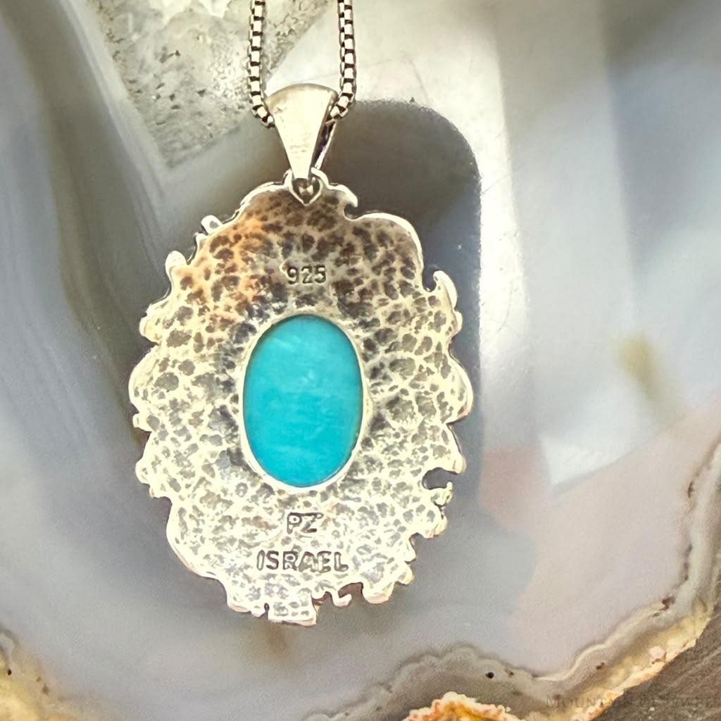 Paz Israel Sterling Silver Oval Turquoise Decorated Pendant w/Necklace For Women