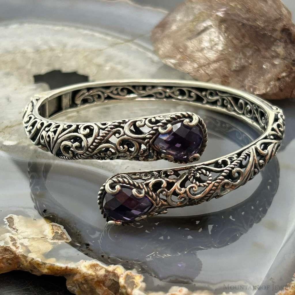 Carolyn Pollack Sterling Silver Faceted Amethyst Overlapping Decorated Hinged Bracelet