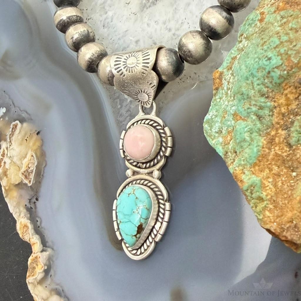 Sterling Silver Southwestern Style Pink Conch & Turquoise Pendant For Women #2