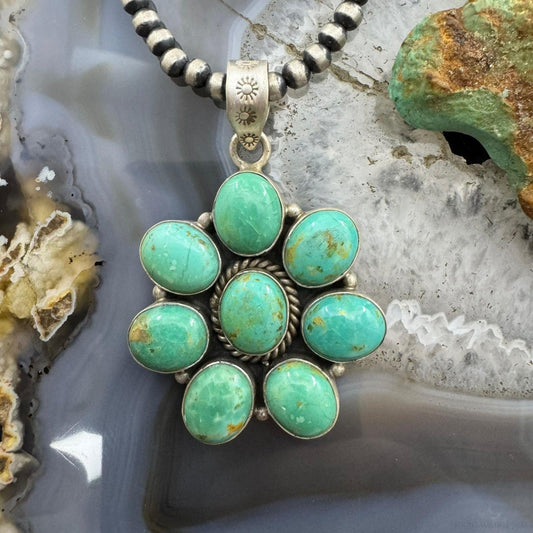 Sterling Silver Southwestern Style Turquoise Cluster Flower Pendant For Women