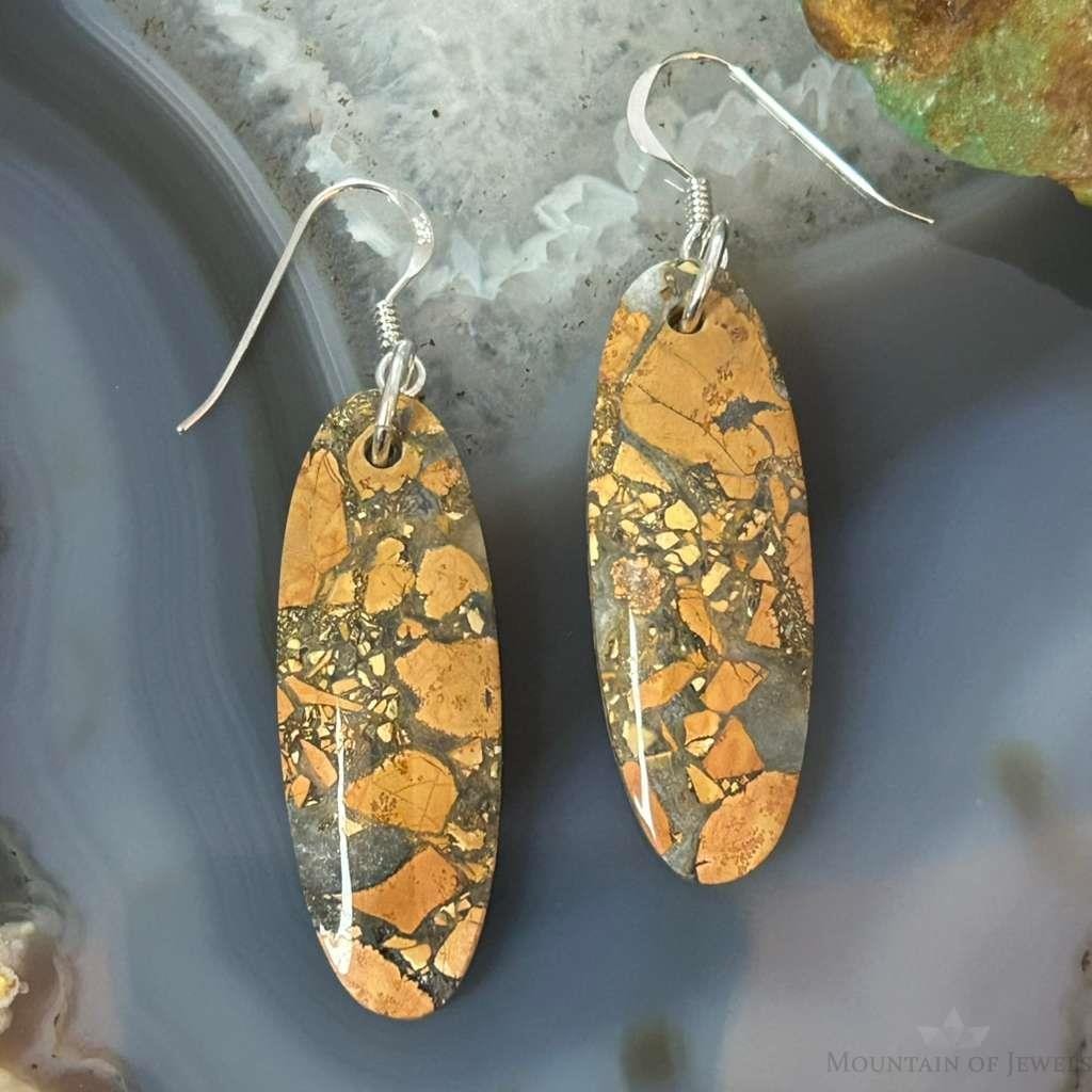 Sterling Silver Oval Maligano Jasper Slab Dangle Earrings For Women #512