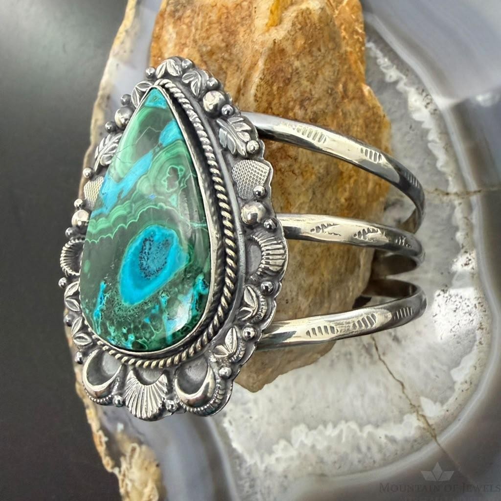 Sterling Silver Southwestern Style Teardrop Azurite Malachite Bracelet For Women