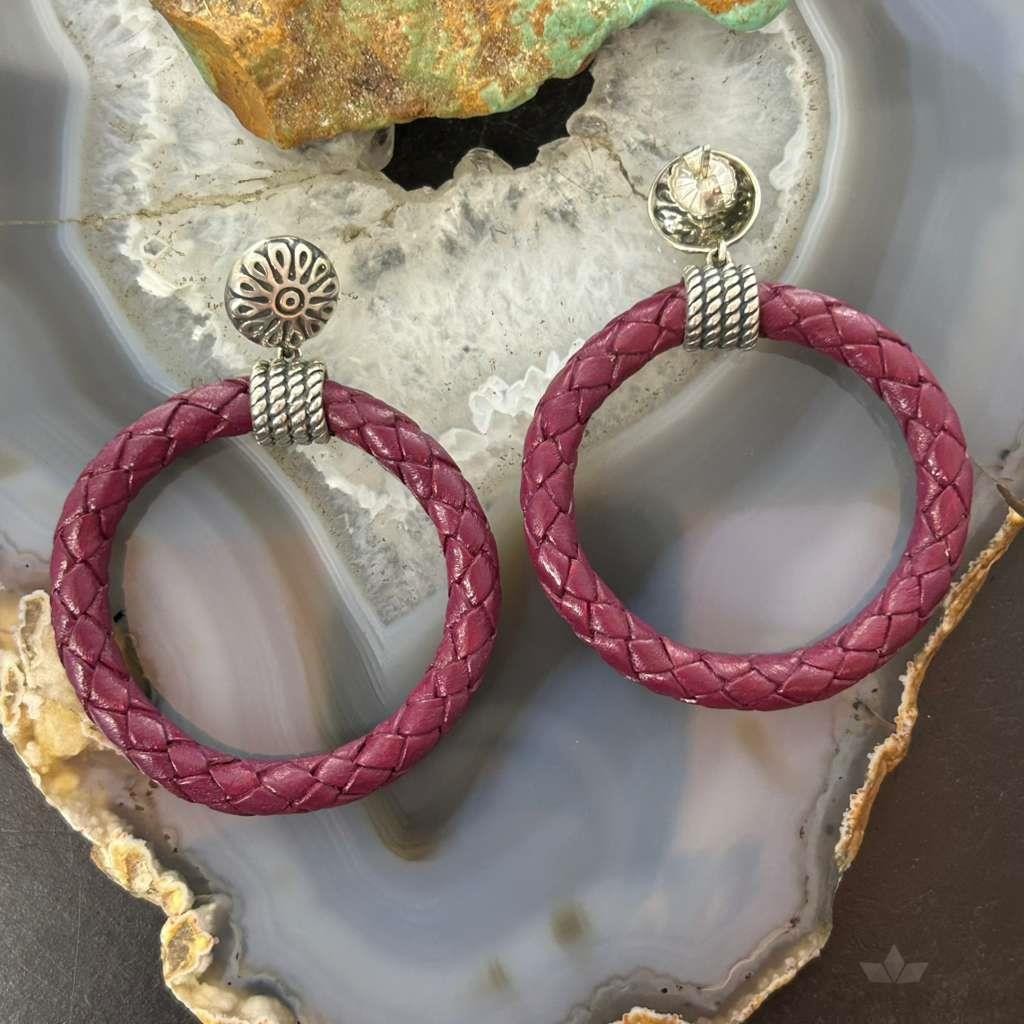 Carolyn Pollack Sterling Silver Purple Braided Leather Hoop Earrings For Women