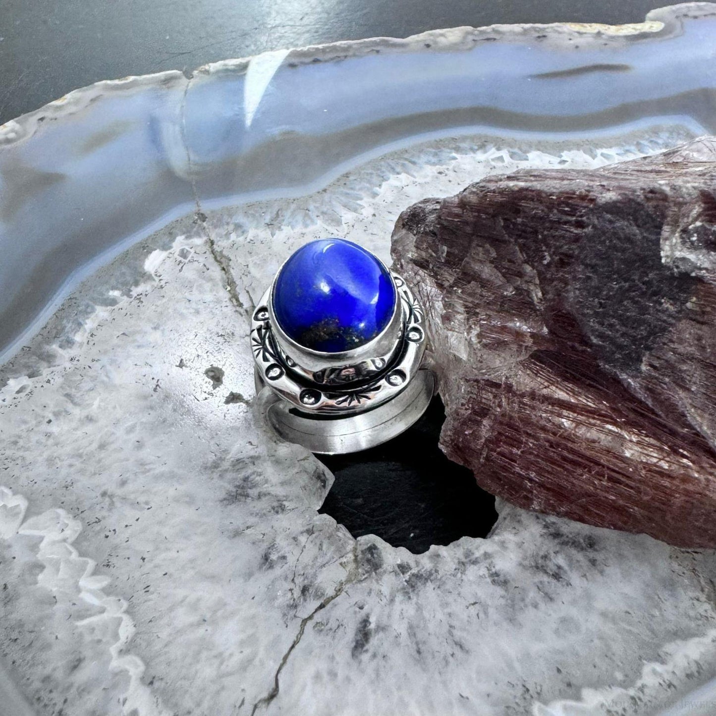 Native American Sterling Silver Oval Lapis Decorated Ring Size 7 For Women