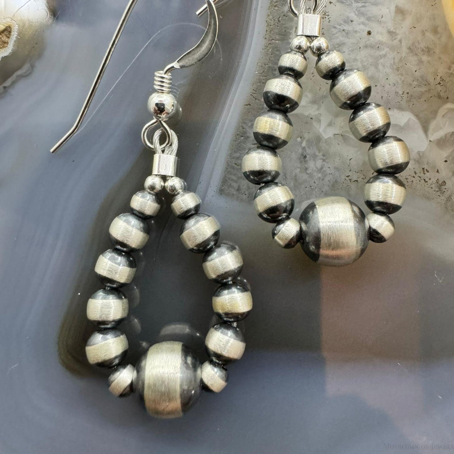 Sterling Silver Graduated Navajo Pearl Beads Hoop Dangle Earrings For Women