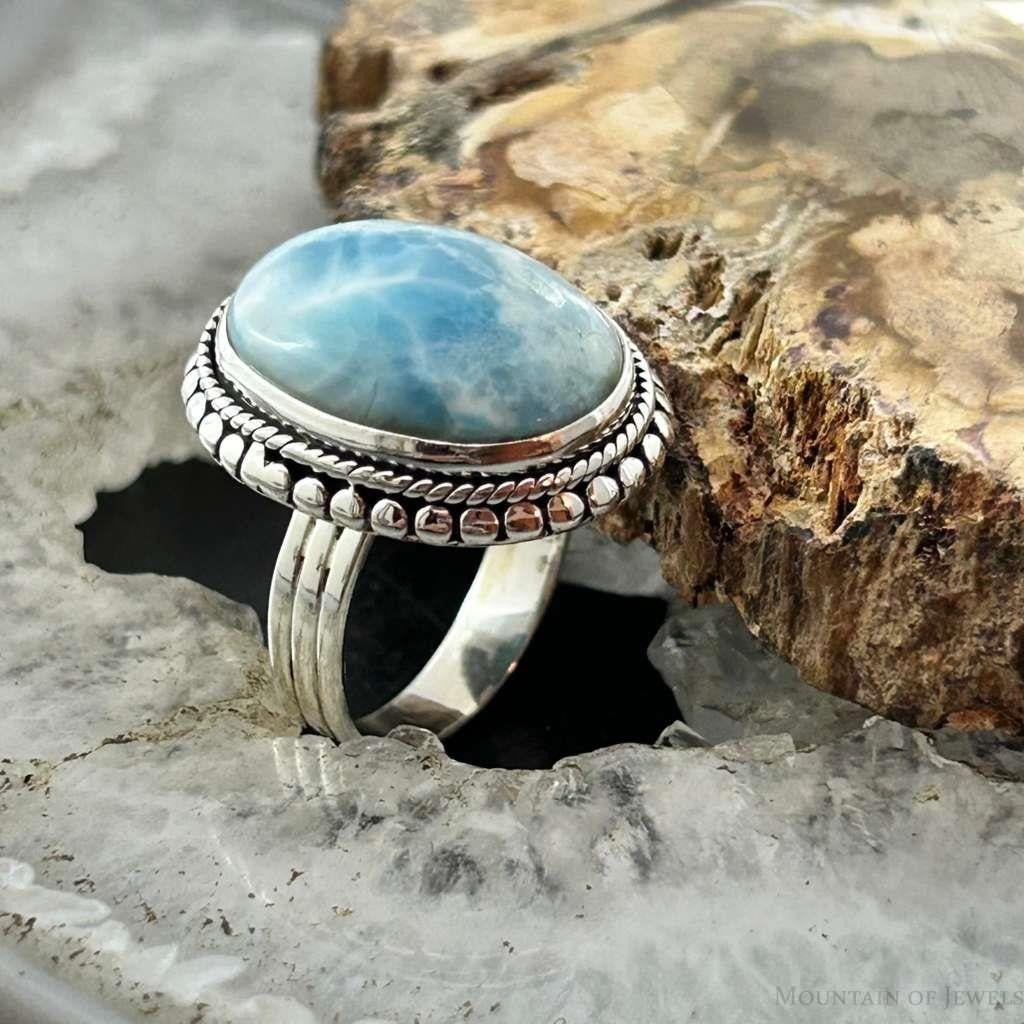 Sterling Silver Southwestern Style Oval Larimar Decorated Bar Ring Size 7 For Women