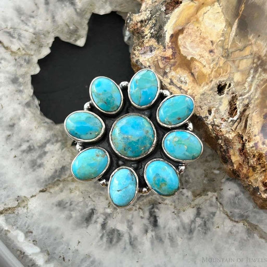 Sterling Silver Southwestern Style Mohave Turquoise Cluster Ring Size 7.75 For Women