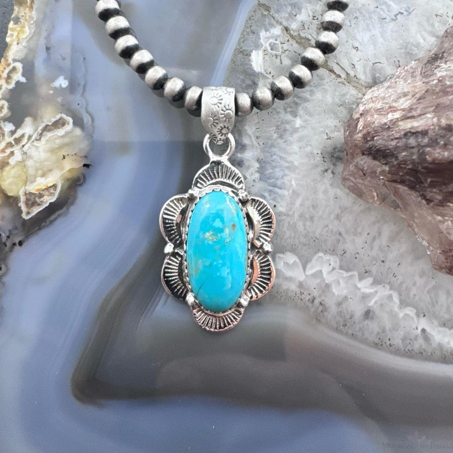 Sterling Silver Southwestern Style Oval Turquoise Decorated Pendant For Women #1