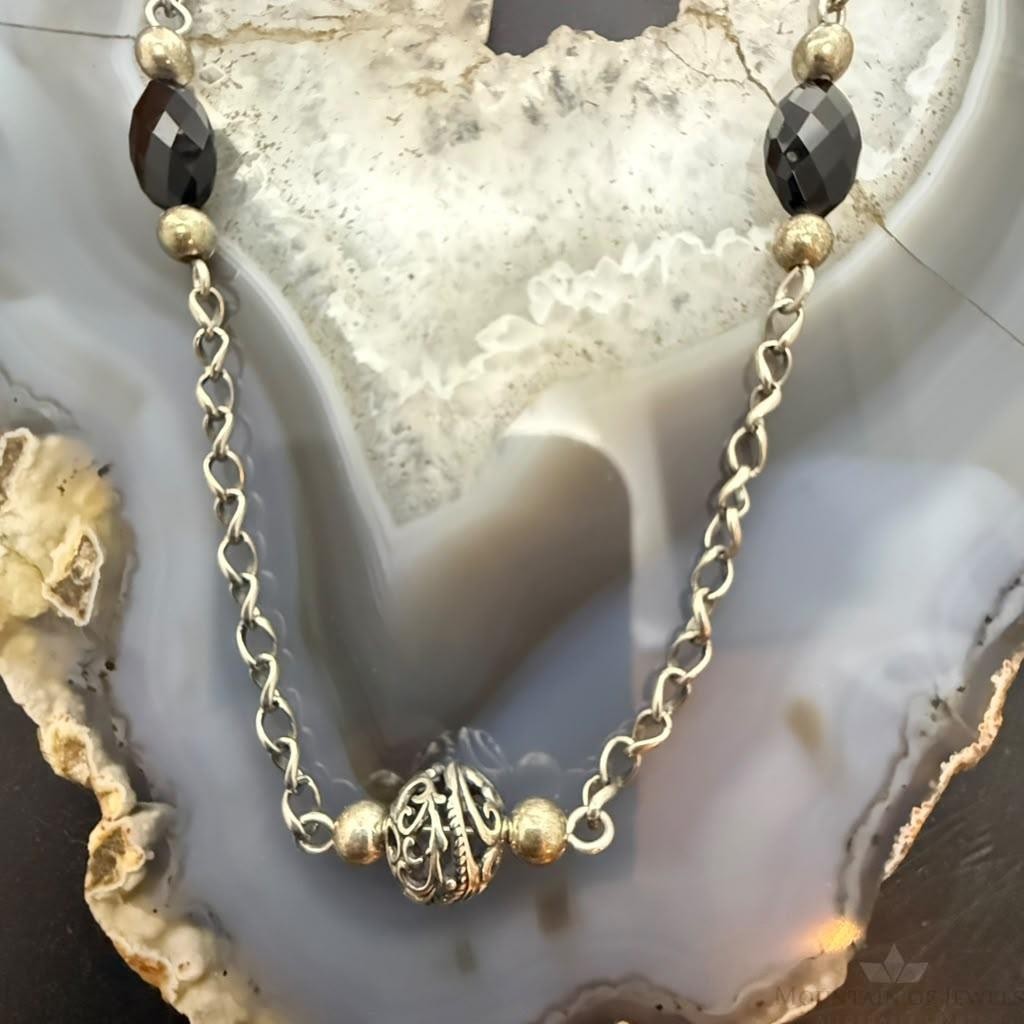 Carolyn Pollack Sterling Silver Faceted Onyx W/Swirl Beaded 26" Necklace