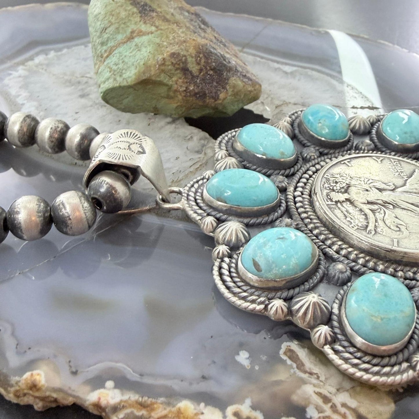 Genuine 1945 90% Silver Walking Liberty Half Dollar Coin w/Turquoise Unisex Pendant