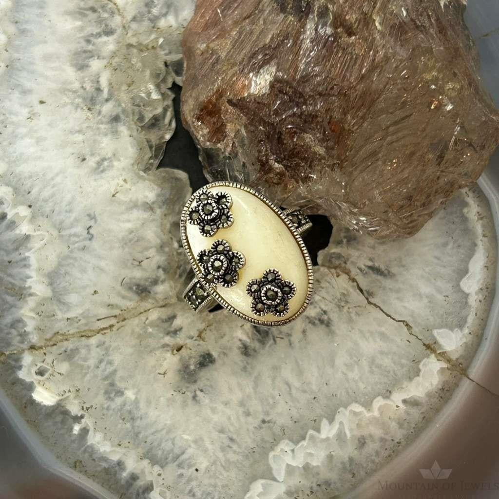 Sterling Silver Mother of Pearl & Marcasite Flower Ring Size 8 For Women