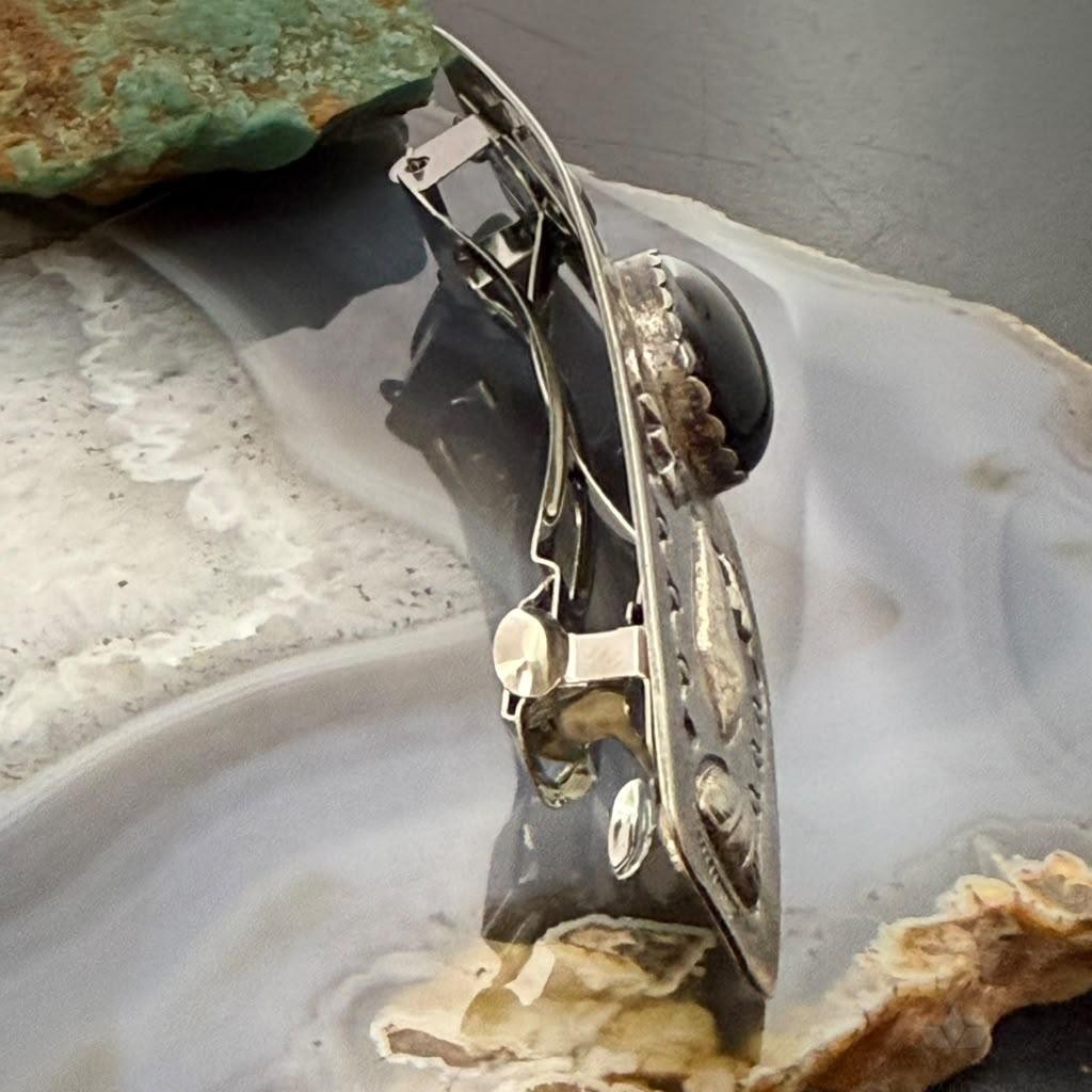 Signed Vintage Sterling Silver Native American Onyx Stamped Hair Barrette For Women