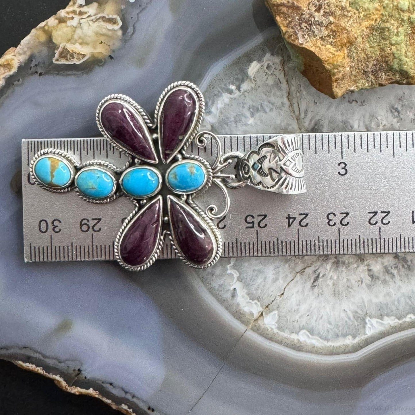 Native American Sterling Silver Turquoise & Spiny Oyster Dragonfly Pendant For Women