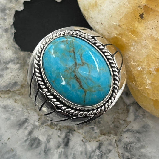 Native American Sterling Silver Oval Turquoise Shield Ring Size 10.75 For Men