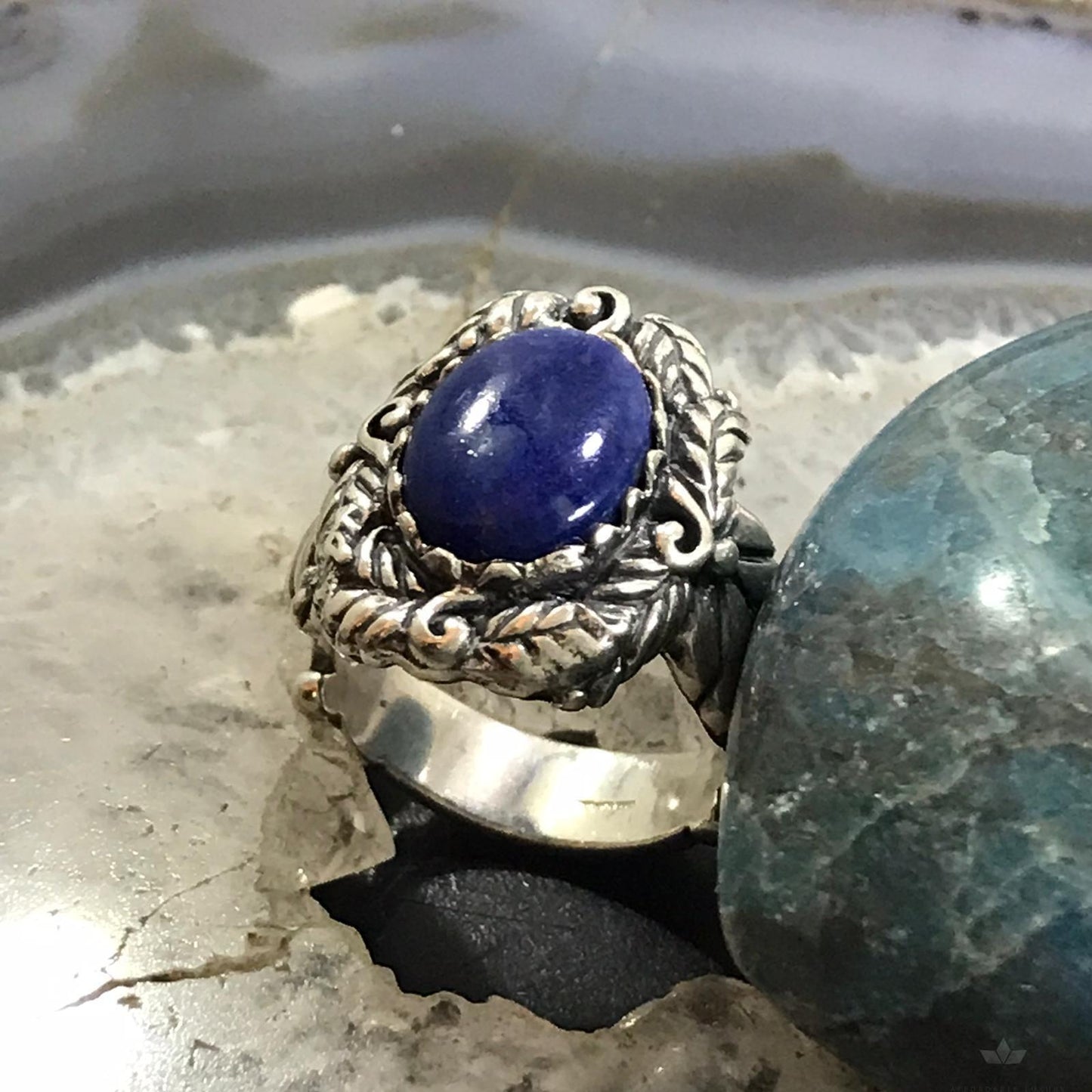 Carolyn Pollack Sterling Silver Oval Lapis Decorated Ring Size 10 For Women