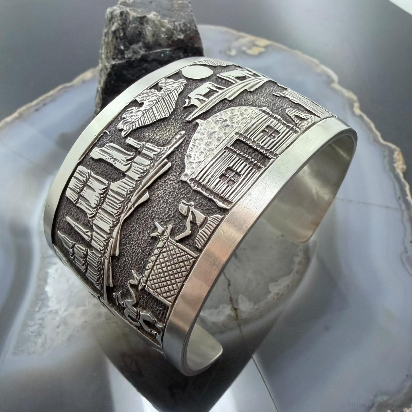 Alex Becenti Native American Sterling Silver Village Life Storyteller Wide Unisex Cuff Bracelet