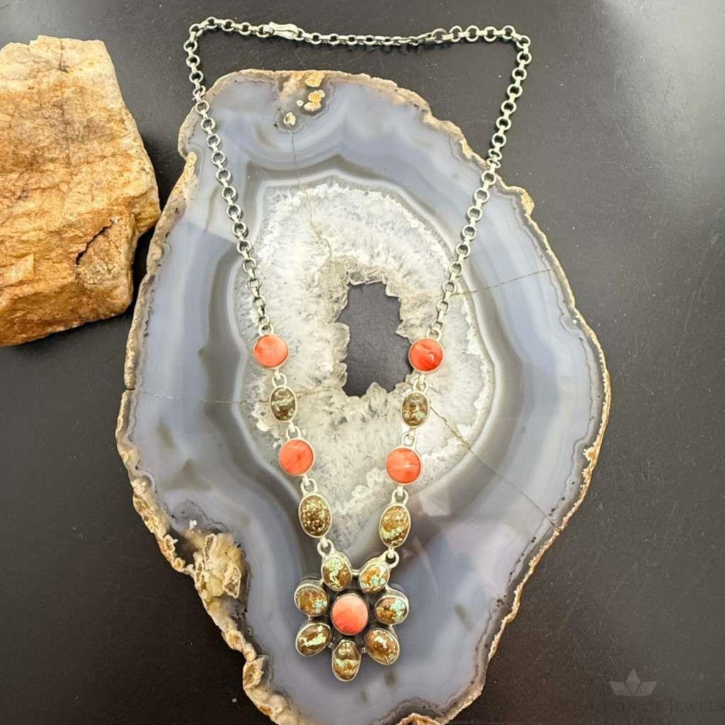 Sterling Silver Southwestern Style Turquoise & Spiny Oyster 20" Necklace For Women