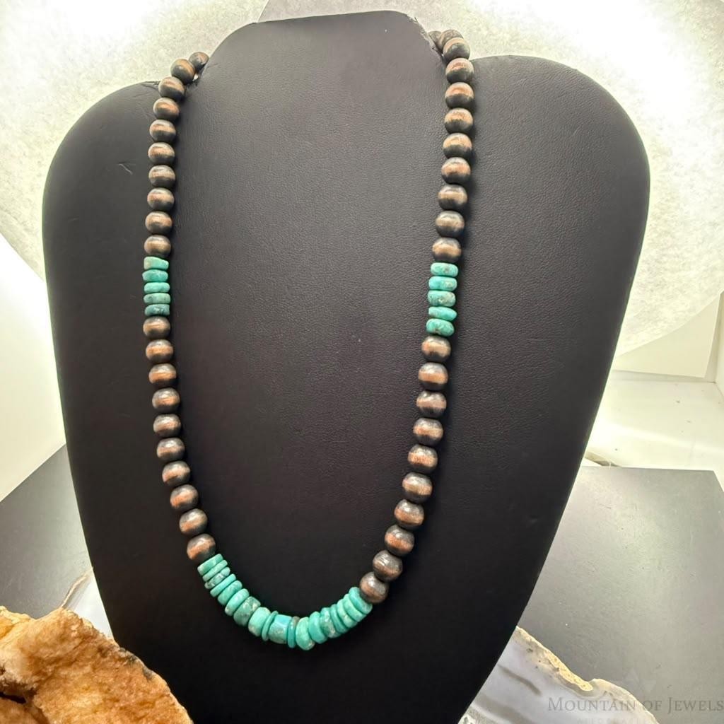Southwestern Style Copper 8mm Round Navajo Pearl Beades &Turquoise Disk Necklace For Women