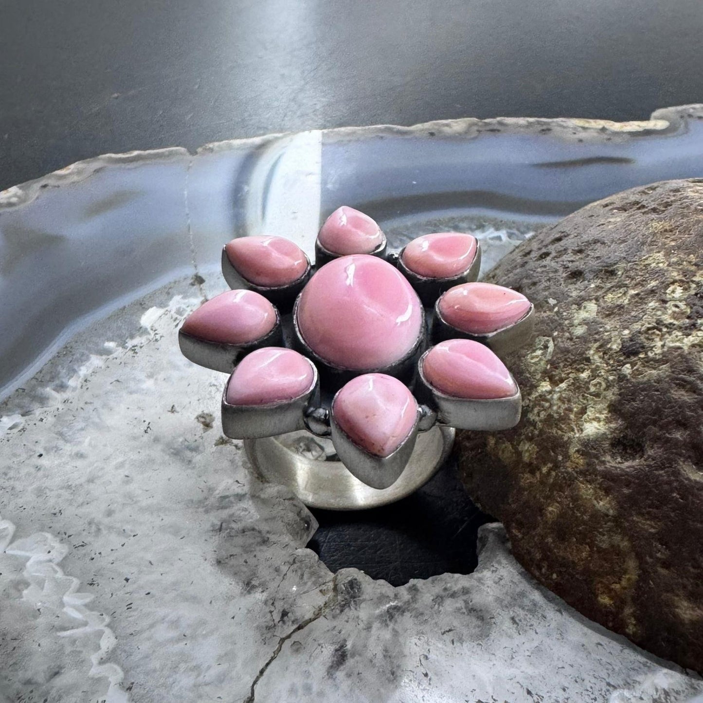 Native American Sterling Silver Pink Conch Adjustable Cluster Ring For Women