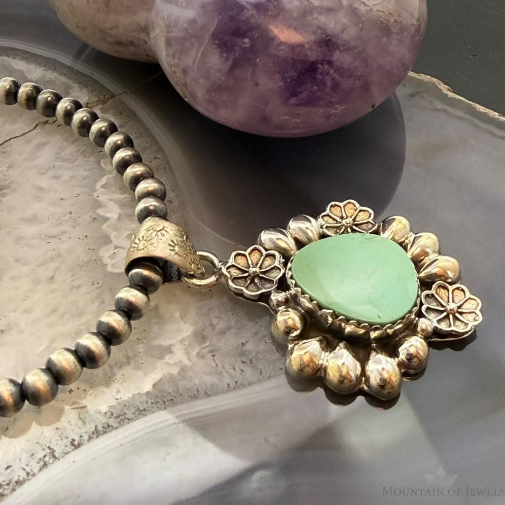 Sterling Silver Southwestern Style Turquoise w/Flower Decorated Pendant For Women #1