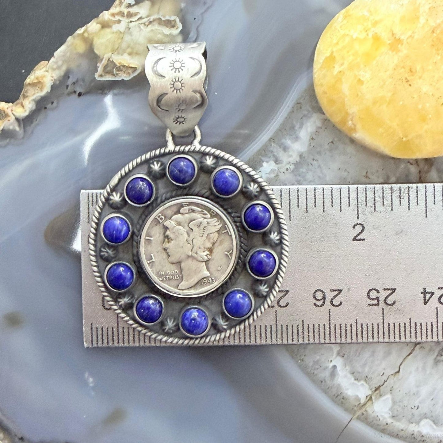 Genuine 1943 90% Silver Mercury Dime Coin w/Lapis Decorated Unisex Pendant