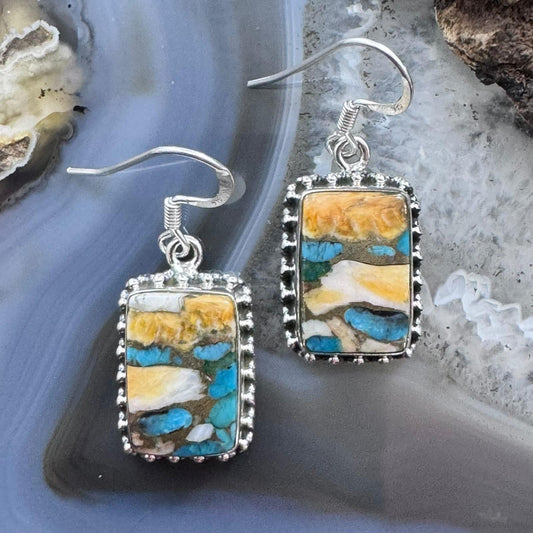 Sterling Silver Southwestern Style Rectangle Spiny Oyster Turquoise Dangle Earrings For Women