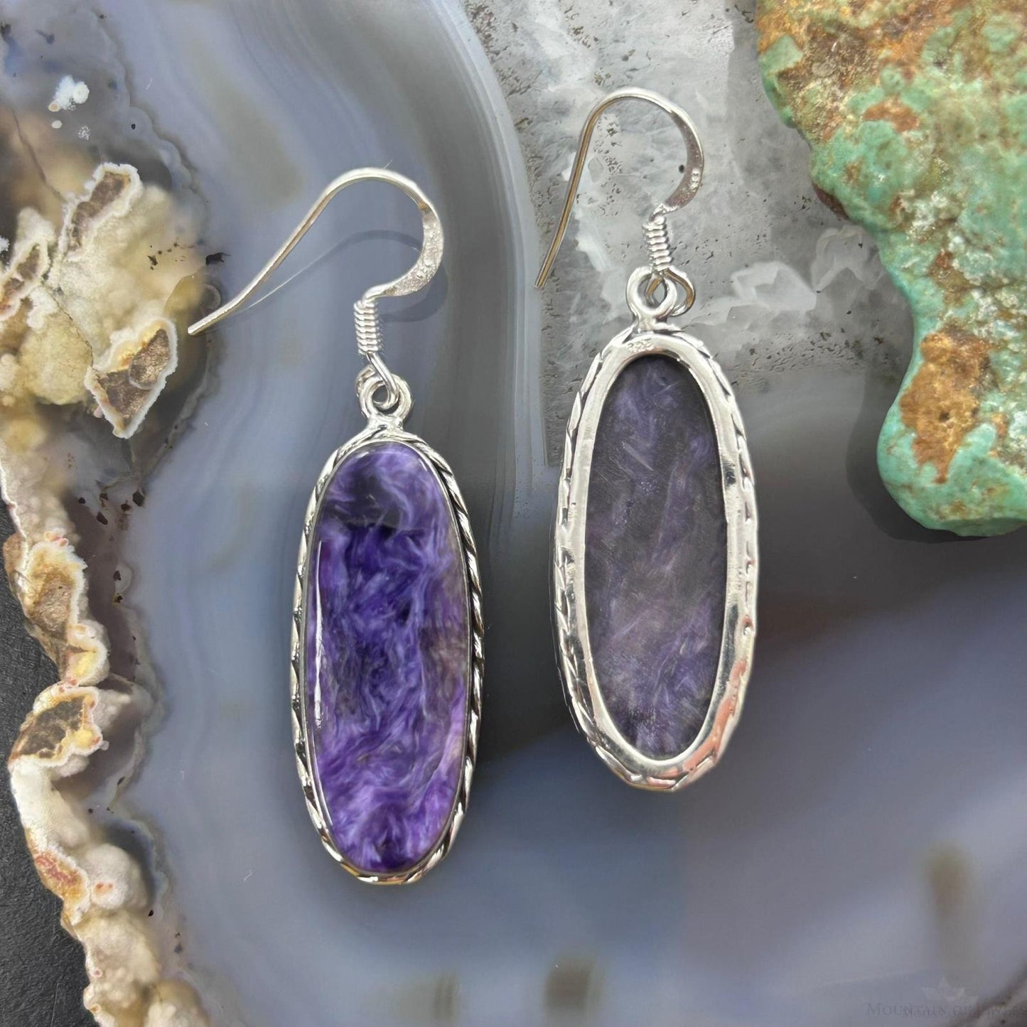 Sterling Silver Southwestern Style Oval Charoite Dangle Earrings For Women