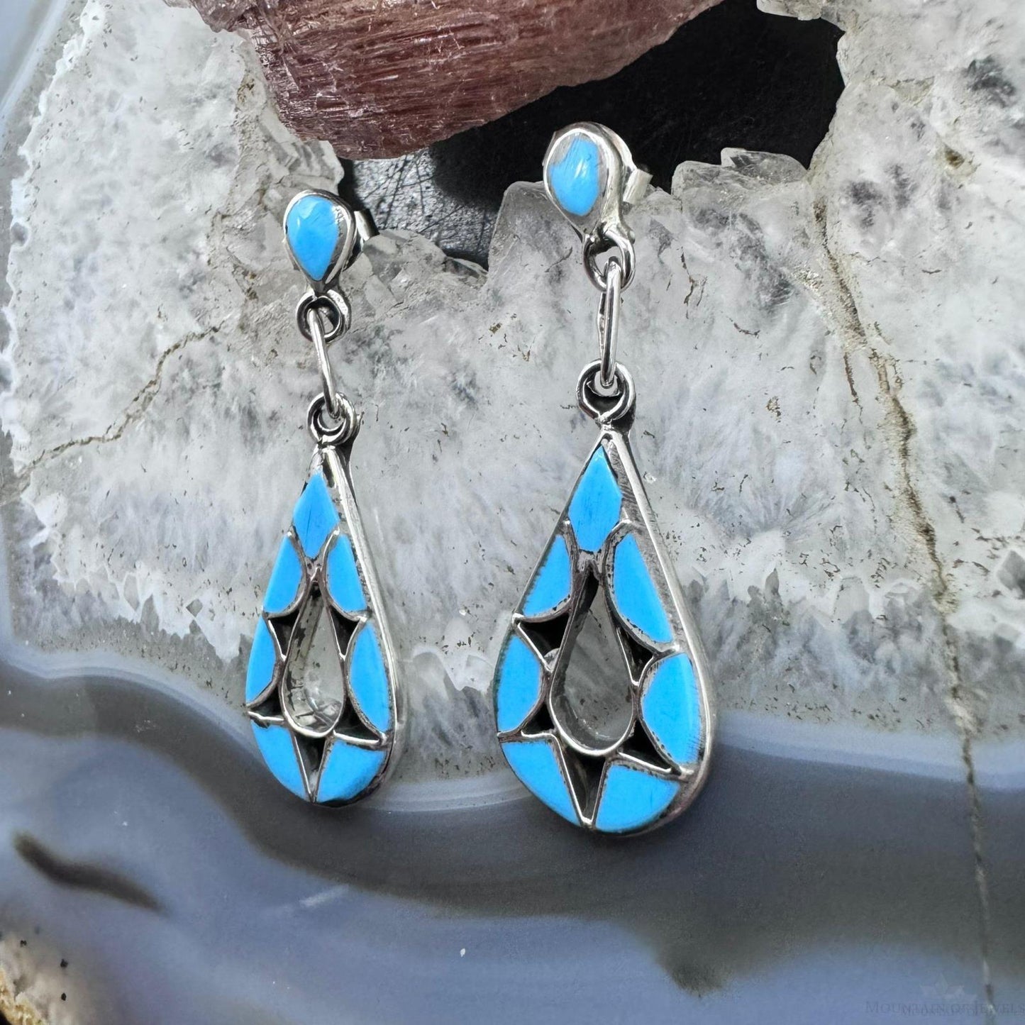 Emma Bowekaty Sterling Silver Turquoise Zuni Inlay Dangle Earrings For Women