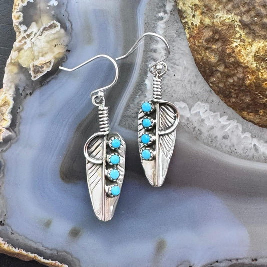 Sterling Silver Southwestern Style 4 Turquoise Dots Feather Dangle Earrings For Women
