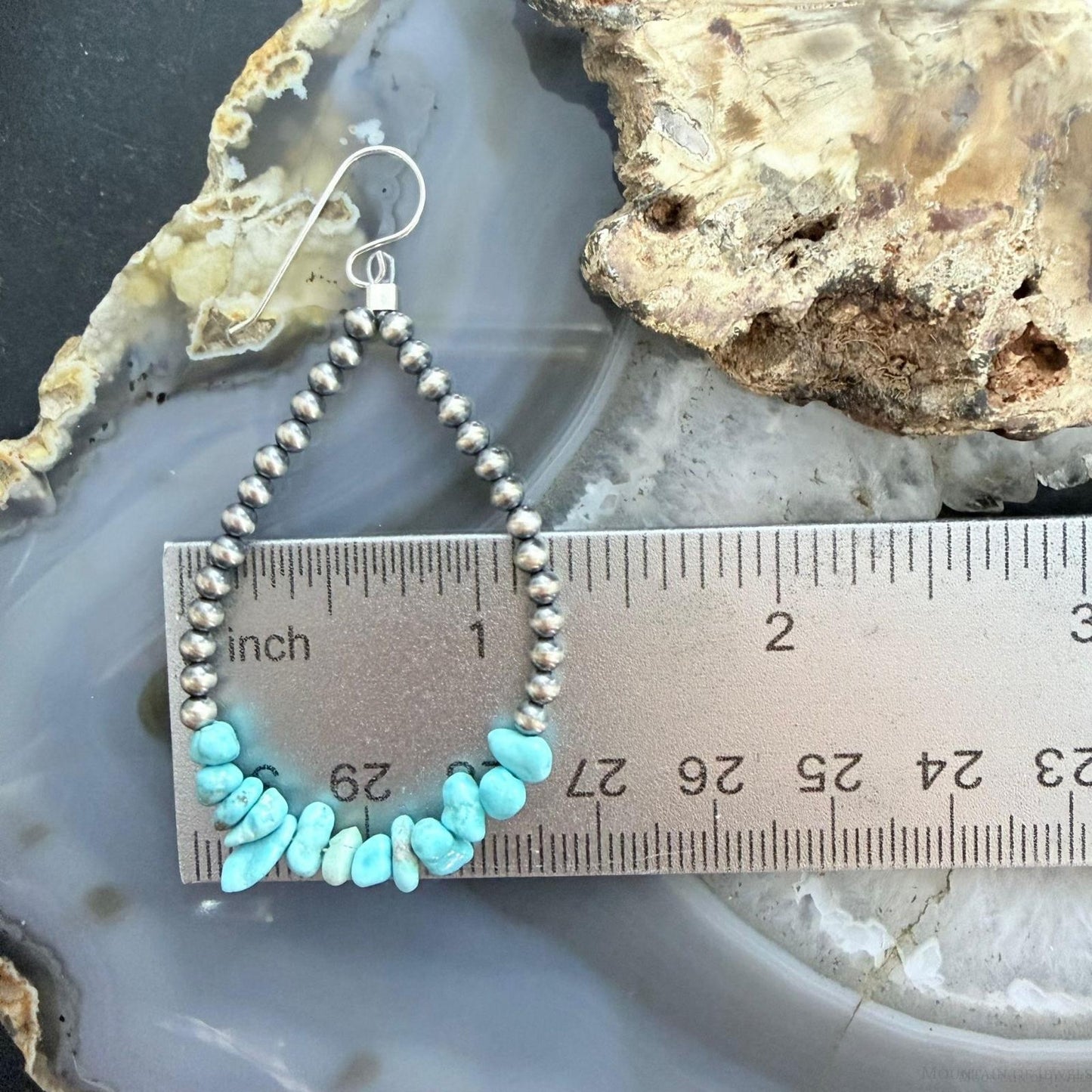 Sterling Silver Navajo Pearl Bead & Chunky Turquoise Dangle Hoop Earrings For Women