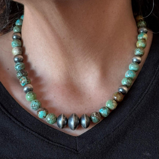 Sterling Silver Southwestern Style Green Turquoise/Navajo Pearl Bead 16"-18" Necklace For Women