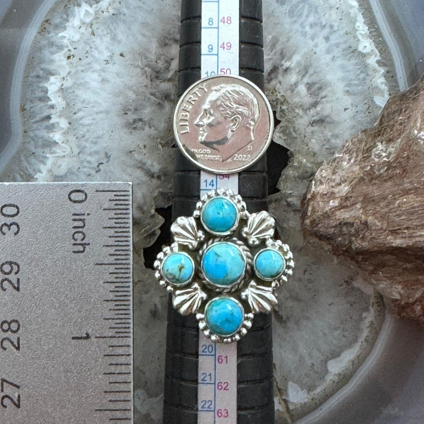 Sterling Silver Southwestern Style Composite Turquoise Cluster Adjustable Ring For Women