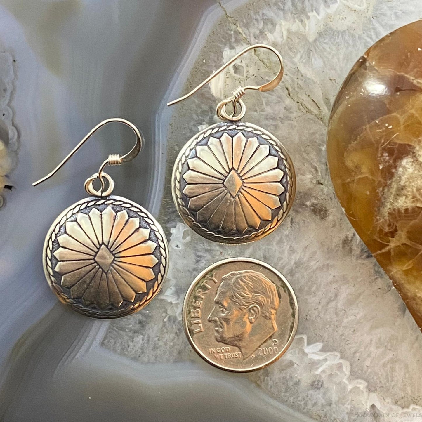 Native American Sterling Round Decorated Stamped Dangle Earrings For Women