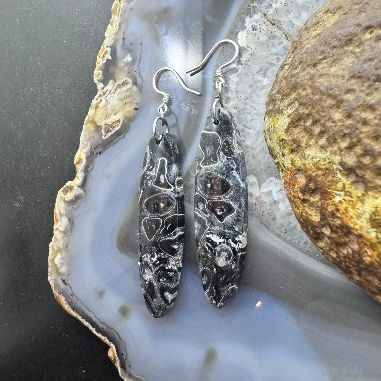 Sterling Silver Elongated Oval Palm Root Eye Slab Dangle Earrings For Women #238