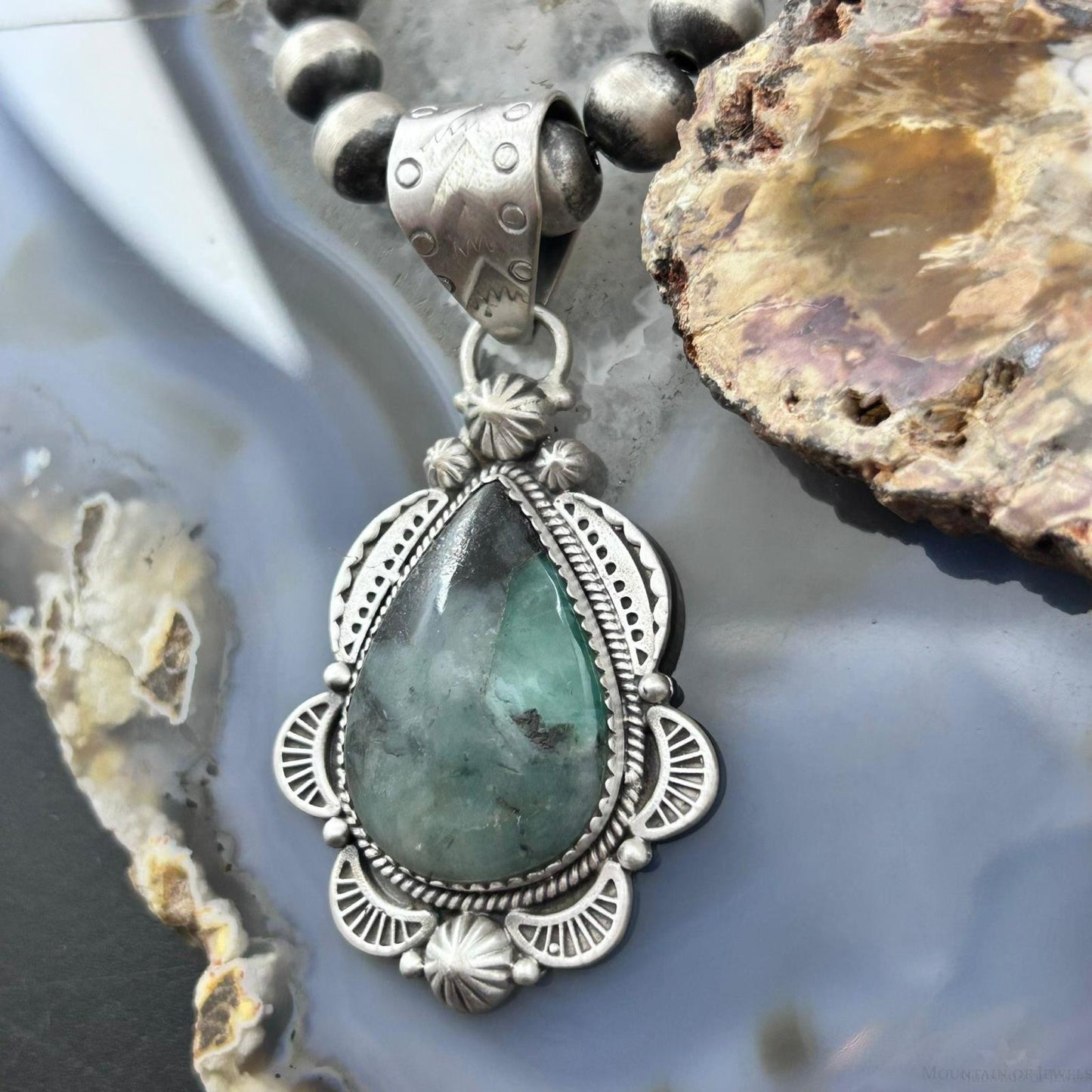 Sterling Silver Southwestern Style Teardrop Emerald Decorated Pendant For Women