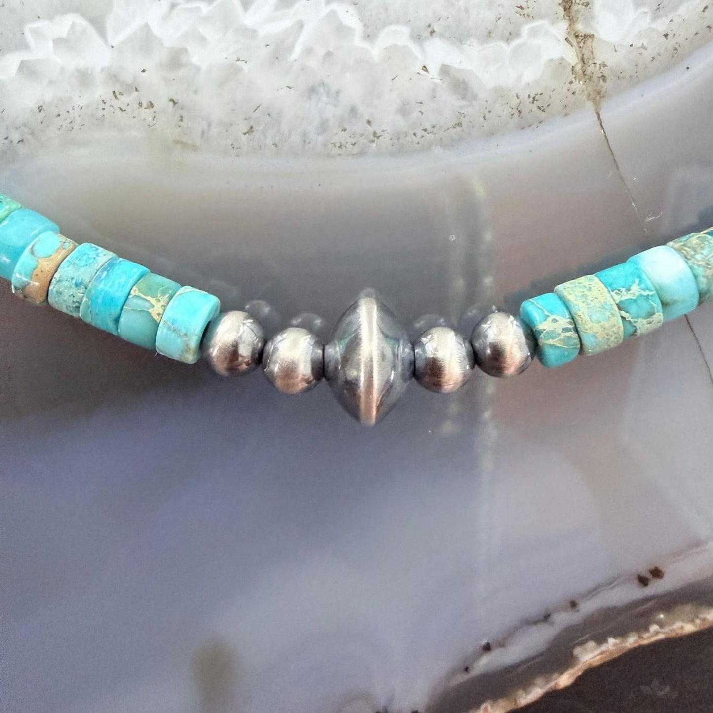 Sterling Silver Turquoise and Navajo Pearl Beads 17" Necklace For Women