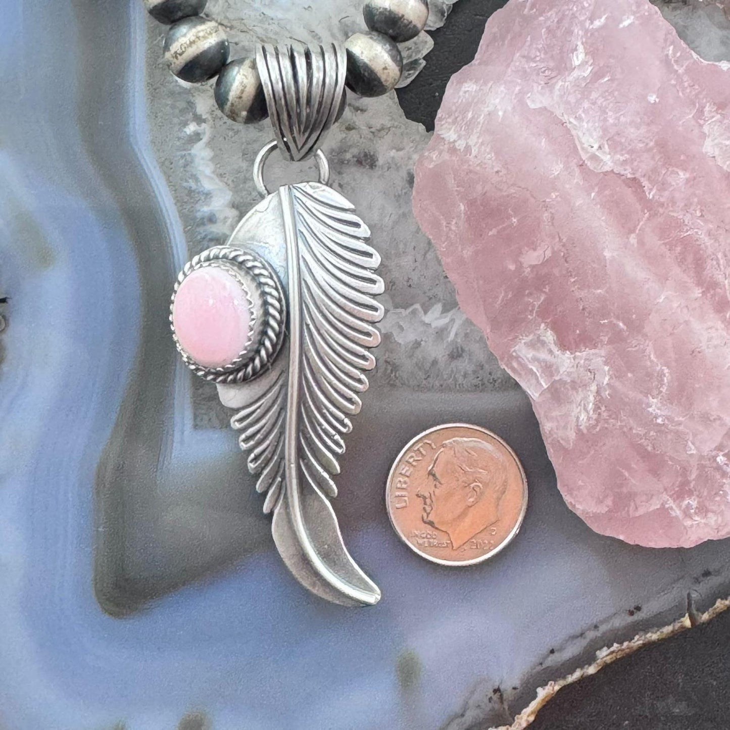 Native American Sterling Silver Oval Pink Conch Feather Pendant For Women