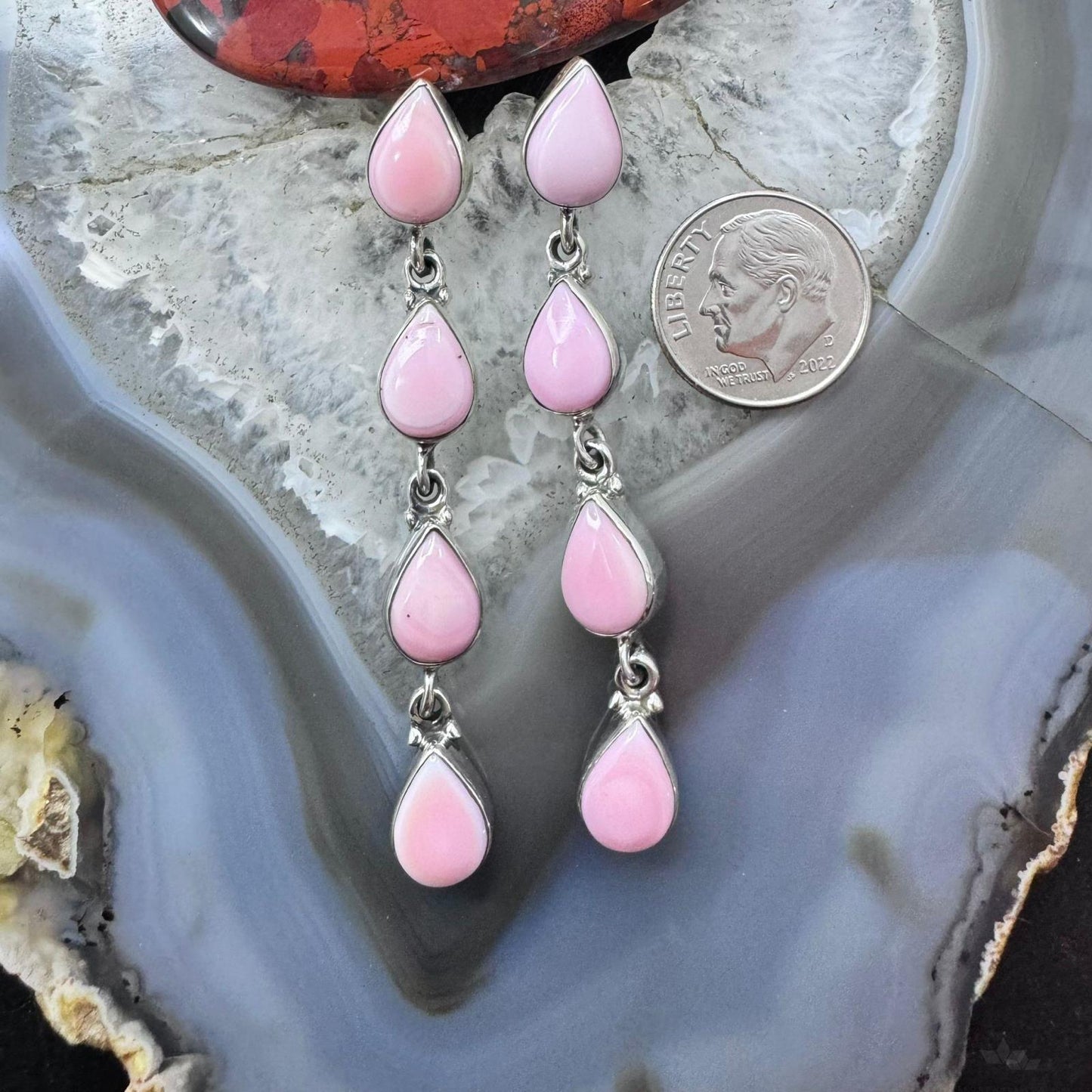 Native American Sterling Silver 4 Pink Conch Long Dangle Earrings For Women #1