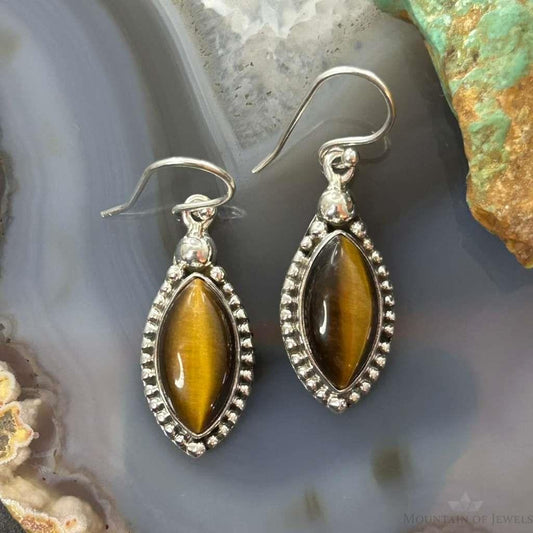 Sterling Silver Southwestern Style Marquise Tiger's Eye Earrings For Women