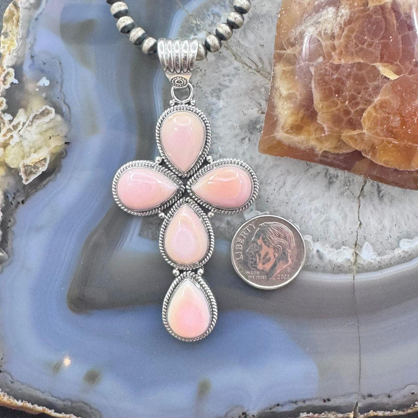 Native American Sterling Silver 5 Teardrop Pink Conch Cross Pendant For Women