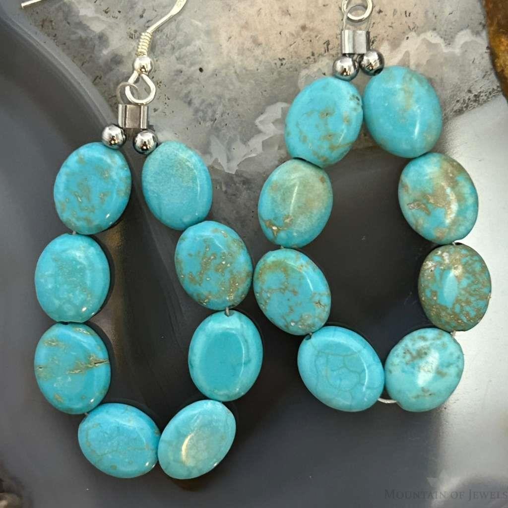 Sterling Silver 8 Oval Turquoise Beads Hoop Dangle Earrings For Women