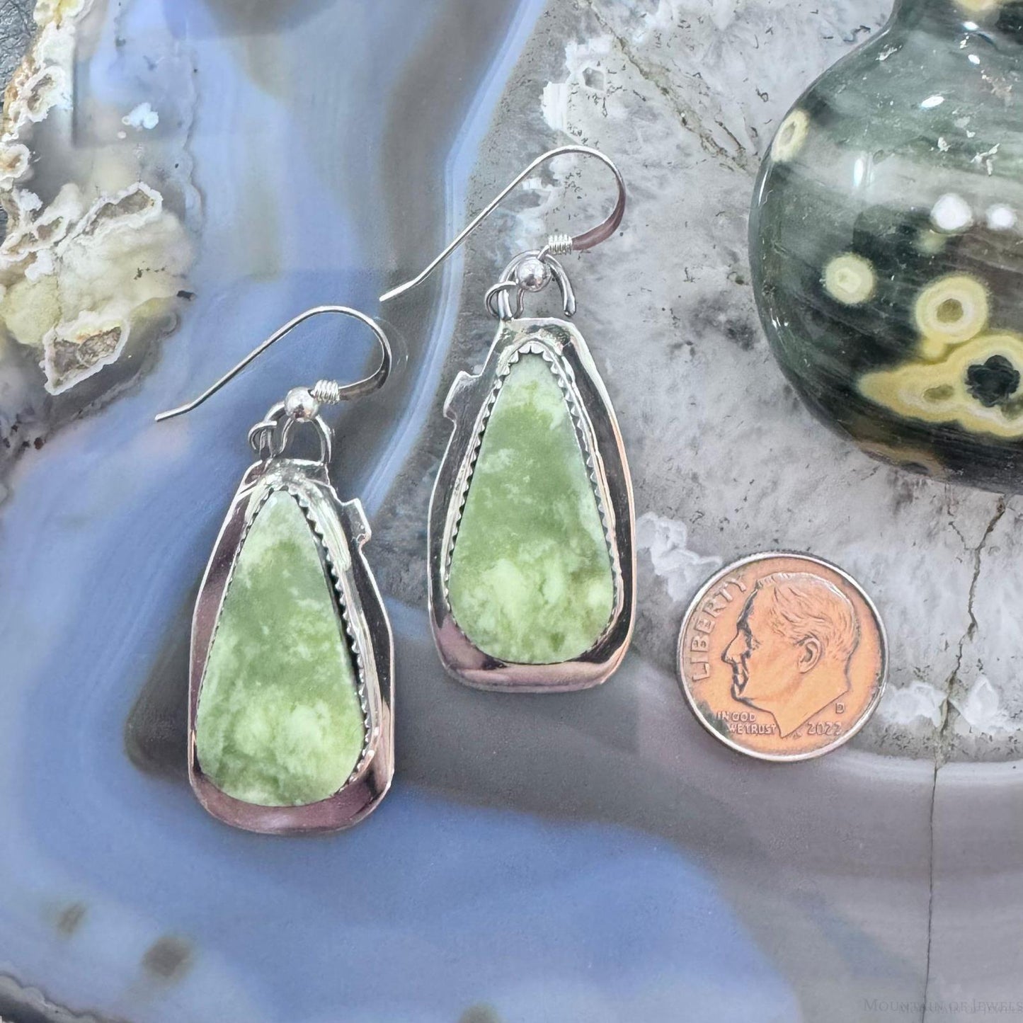 Frank Chavez Native American Sterling Silver Teardrop Serpentine Dangle Earrings For Women