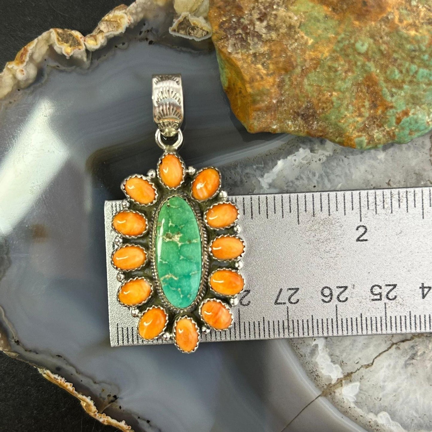 Sterling Silver Southwestern Spiny Oyster & Emerald Valley Turquoise Cluster Pendant For Women