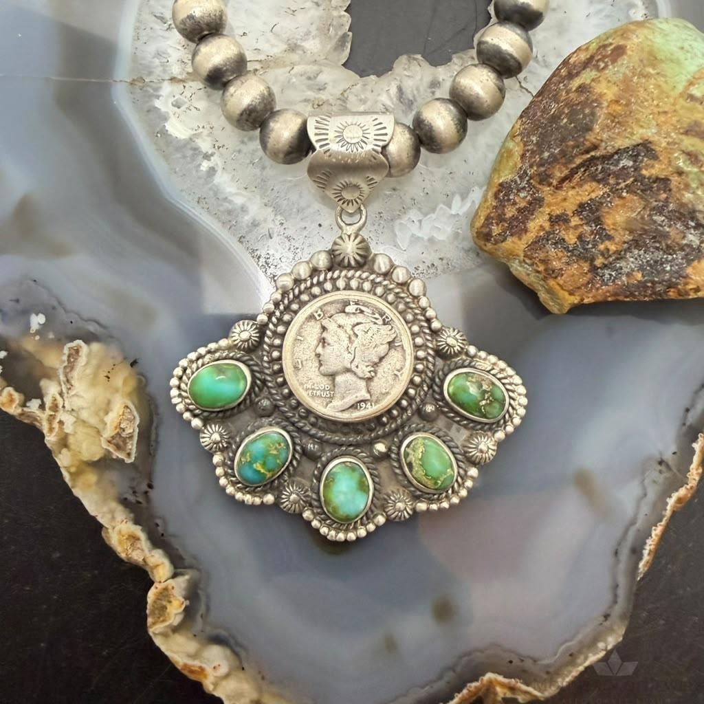 Sterling Silver Southwestern Style 1941 Mercury Dime & Sonora Gold Turquoise Pendant