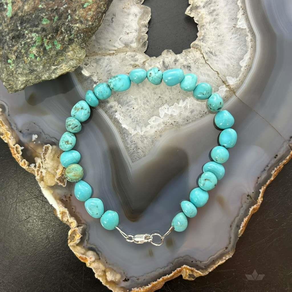 Sterling Silver Natural Turquoise Beads 7.5" Bracelet For Women