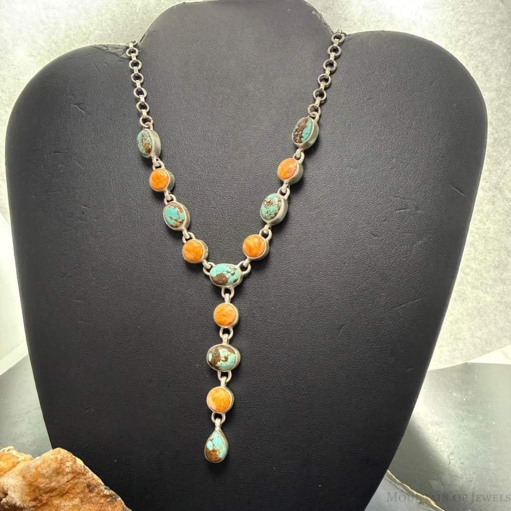 Sterling Silver Southwestern Style Turquoise & Spiny Oyster Lariat 24" Necklace For Women