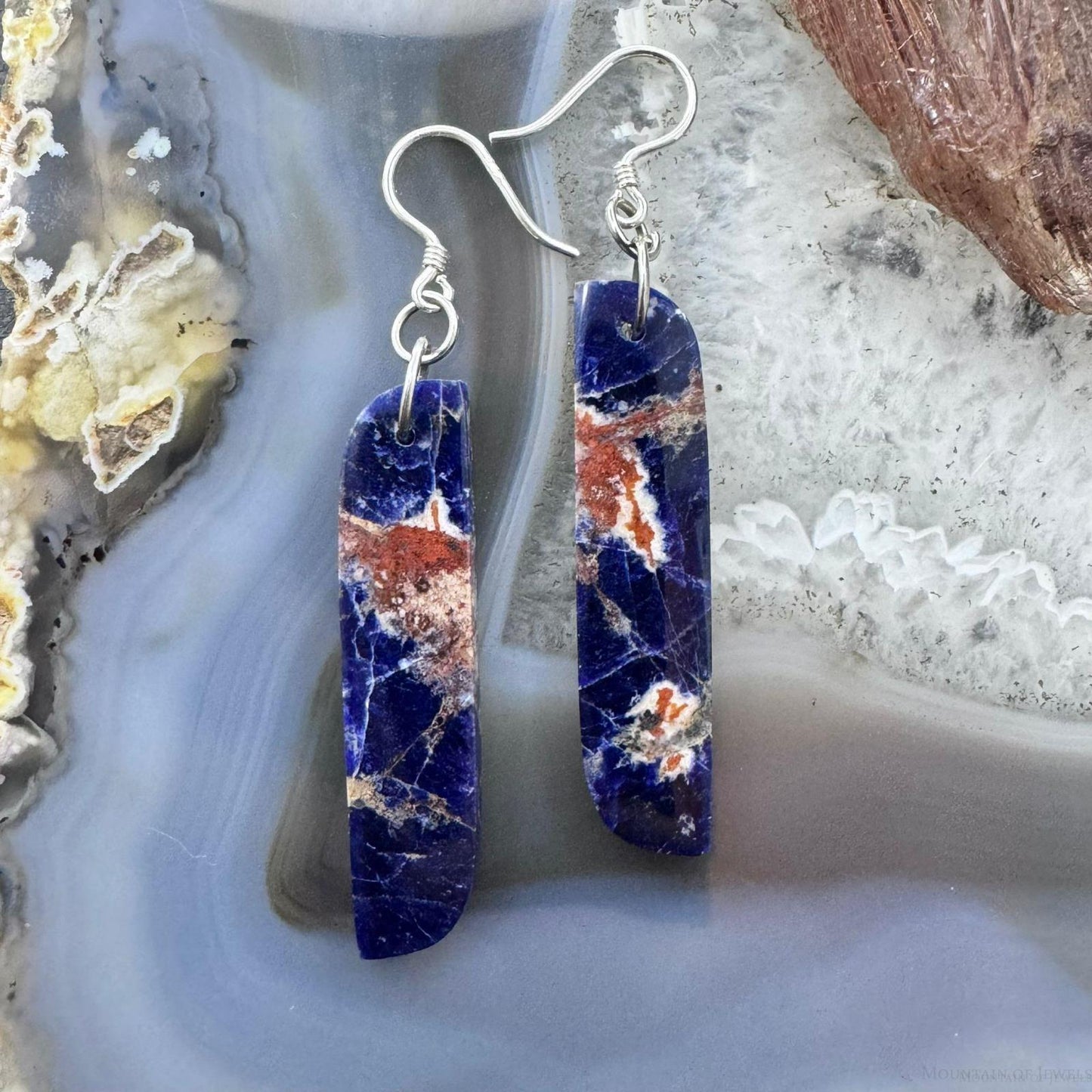 Sterling Silver Elongated Tilde Shape Blue Sodalite Slab Dangle Earrings For Women #230